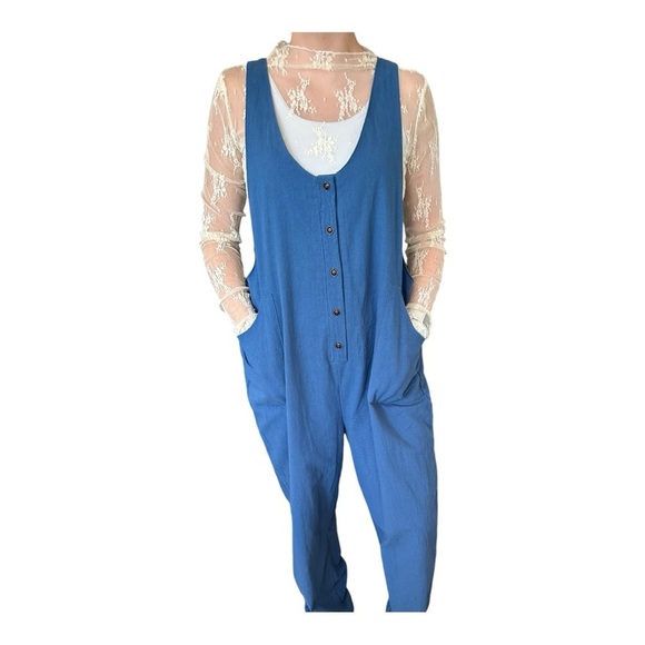 Free People Pants - Free People Oversized Jumpsuit Blue Cotton With Pockets Sz Small